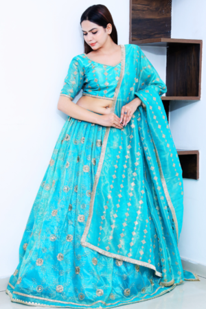 An Azure Blue Embroidery Lehenga Set
