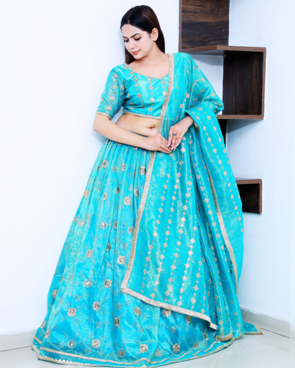 An Azure Blue Embroidery Lehenga Set