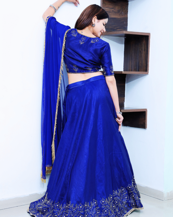 A Allure Bright Blue Hand Embroidered Lehenga Set--Back View